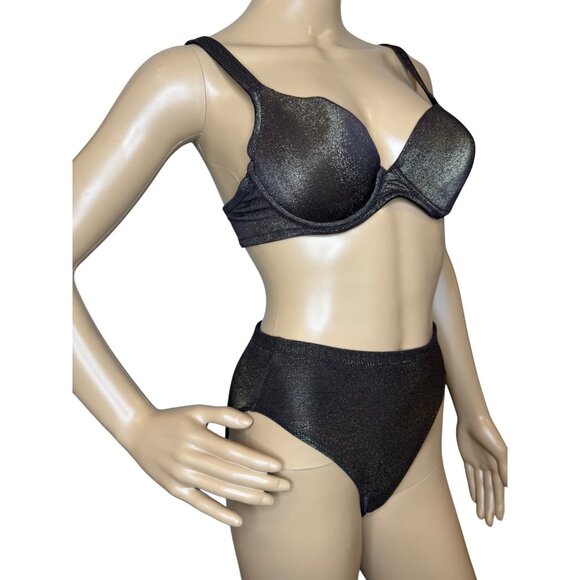 Y2K 2002 Victoria's Secret Black Gold Shimmer High Waisted Underwire Bikini Set - Picture 2 of 7